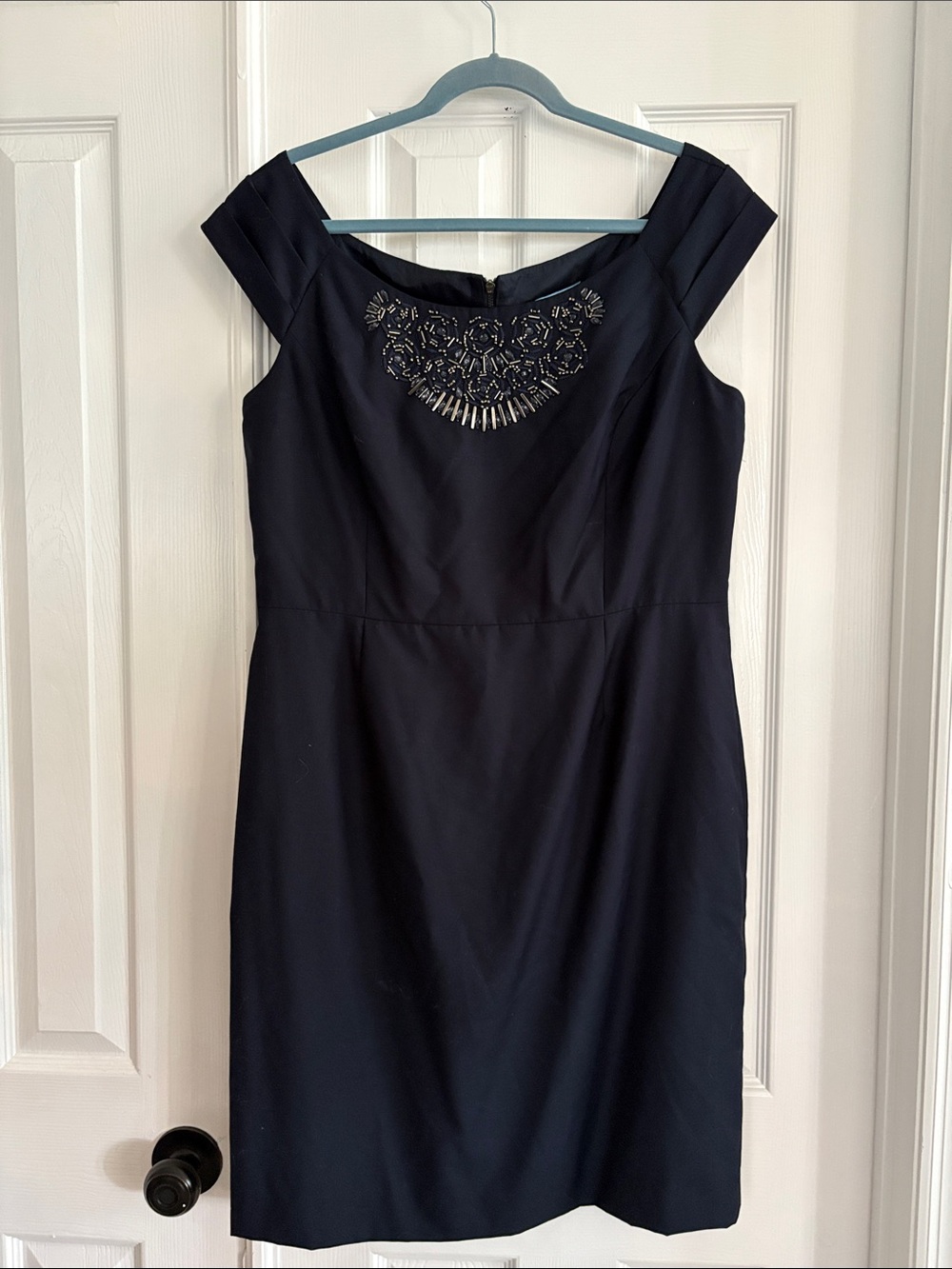 Antonio Melani Classic dark Navy Blue Embellished Cap Sleeve sheath Dress NWT